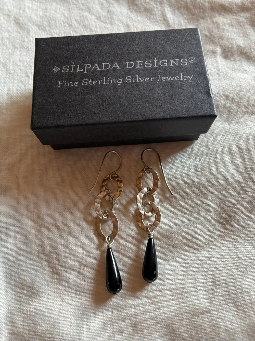 Silpada Sterling Silver Chain Drop Earrings with Black Teardrop W1281